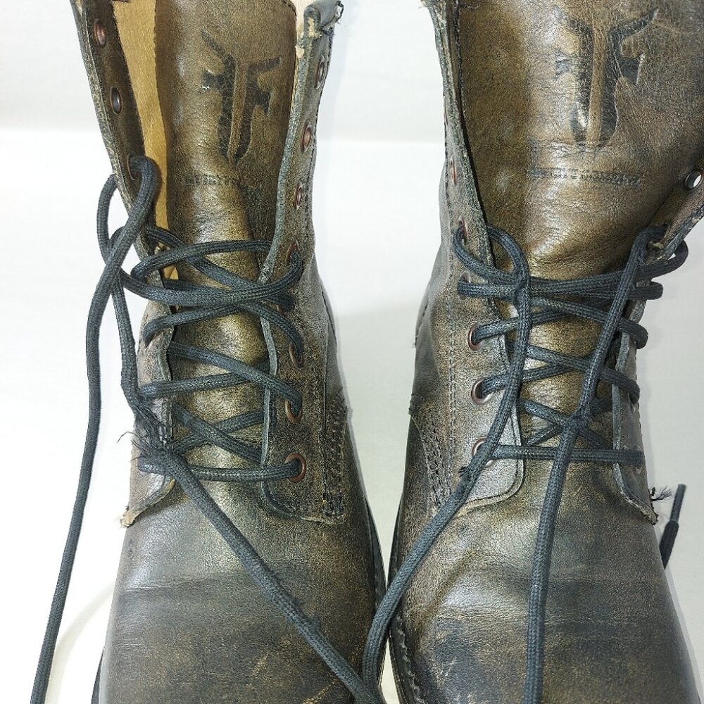 Frye Gypsy Laceup Veronica Combat Boots 6 B Green Burnished Leather Mid-Calf - Picture 5 of 12
